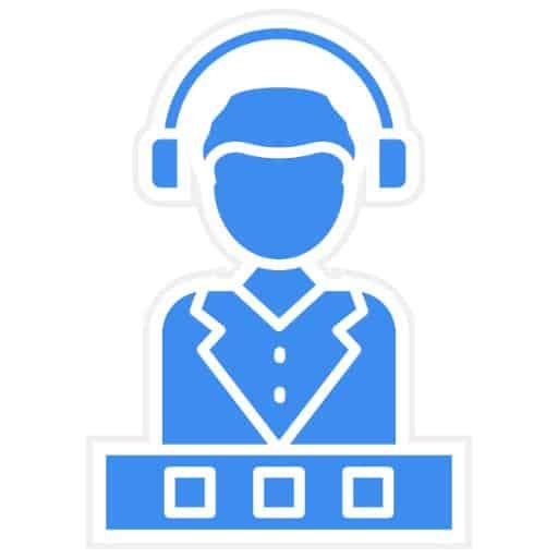 Customer support icon featuring a headset with a microphone and a person silhouette.